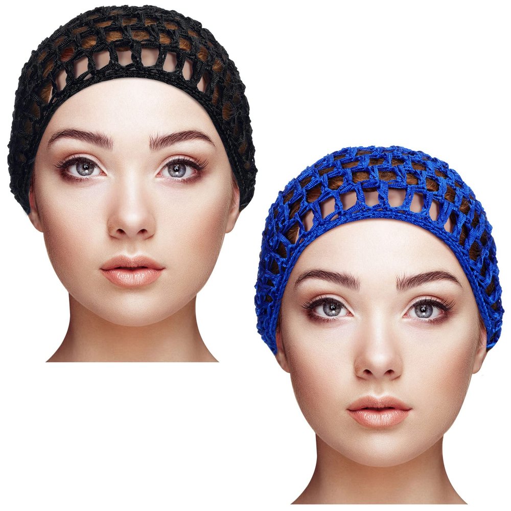 Geyoga 2 Pieces Mesh Crochet Hair Net Rayon Knit Snood Cap Cover Crocheted Shower Caps Sleep Hat for Women(Black, Blue)