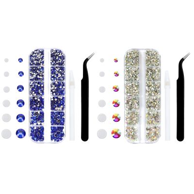 4240Pcs Flatback Royal Blue and Crystal Ab Rhinestones Glass Crystal Gems for Nail Art Face Jewels Glitter Round with Tweezers and Picking Pen (SS6~SS20 Set)