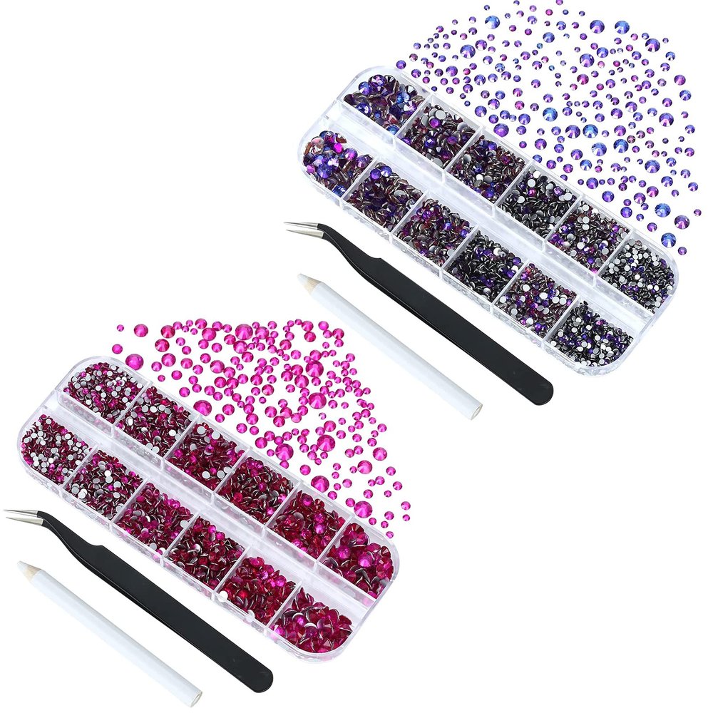 4240Pcs Peach and Purple Velvet Flatback Rhinestones 6 Sizes Crystal Diamonds for Nail Art Crafts Clothes Shoes with Tweezers and Picking Pen