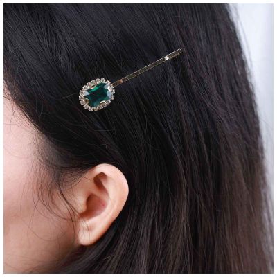 Allereyae Crystal Hair Pins Barrette Blue Rhinestone Hair Clip Barrette Gold CZ Emerald Headpieces Decorative Head Clip Headwear Blue Gemstone Barrette Hair Accessories for Women (Blue)