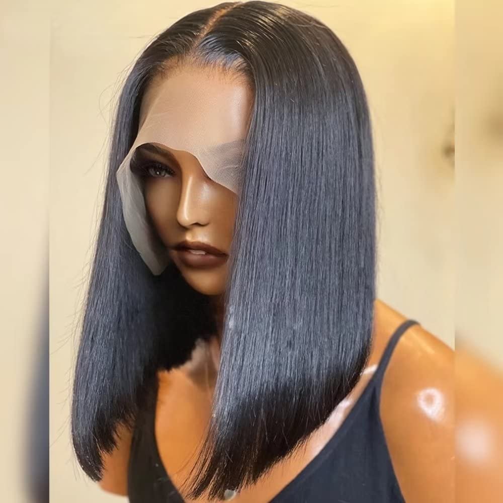 13x4 Brazilian Short Bob Wig for Black Women Transparent Lace Frontal Human Hair Wigs Straight Lace Front Wigs Brazilian Remy Hair With Baby Hair Bleached Konts Natural Hairline 150% Density 8Inch