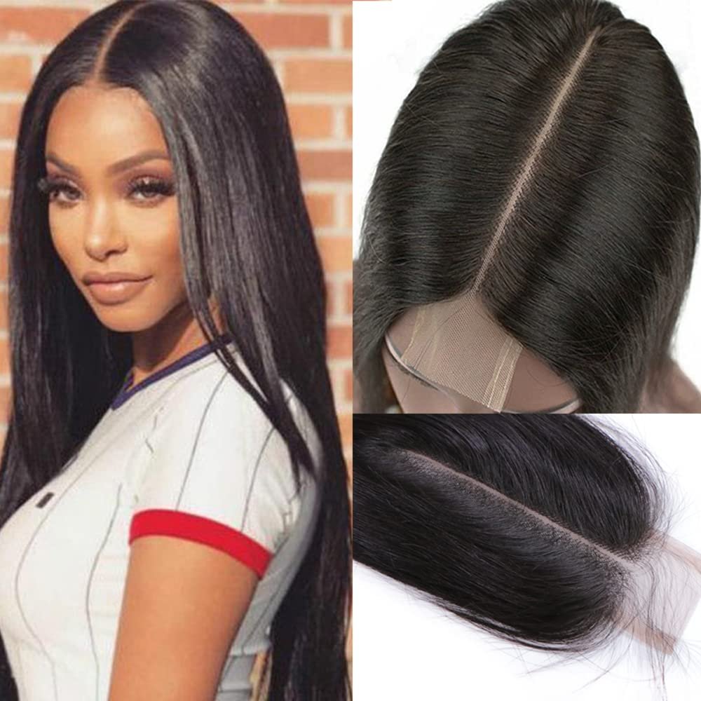 6x2 Lace Closure 100% Human Straight Hair Middle Part 2x6 Lace Closure Virgin Hair Pre Plucked Small Knots Hairline with Baby Hair (14inch, Natural Color1B)