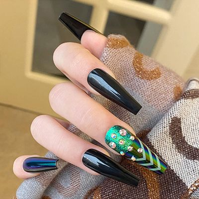 24 PCS Press on Nails Long Fake Nails Illusion Dark Green False Nails With Rhinestones Fake Nails Wearable Fake Nails Gifts for Women and Girls