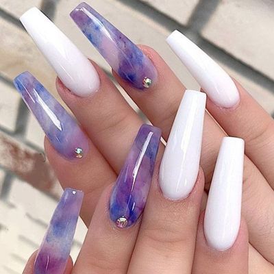 24 PCS Press on Nails Long Fake Nails Rhinestone Fake Nails Misty Pattern Fake Nails Gradient Blue Fake Nails Wearable Fake Nails Gifts for Women and Girls