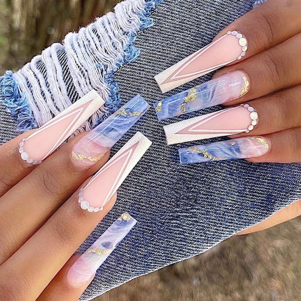 24 PCS Press on Nails Long Fake Nails White Edge Fake Nails Rhinestone Fake Nails Misty Pattern Fake Nails Gradient Blue Fake Nails Gifts for Women and Girls