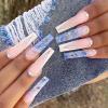 24 PCS Press on Nails Long Fake Nails White Edge Fake Nails Rhinestone Fake Nails Misty Pattern Fake Nails Gradient Blue Fake Nails Gifts for Women and Girls view 1