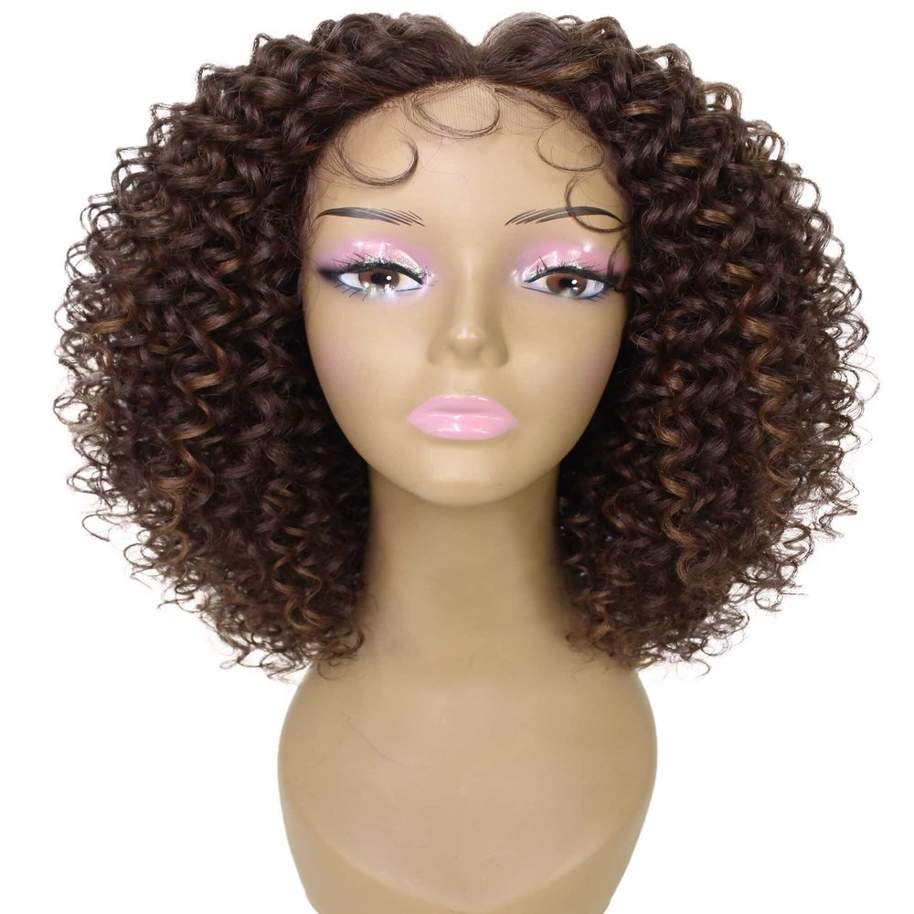 LUXLUXE Imani Curly Short Bob 14.5 in Long Lace Front Wig, Heat Resistant Fibers, Multiple Shades of Natural, Dip Dyed, & Blended Colors