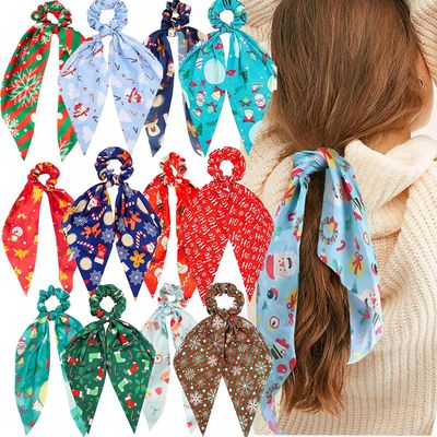 12 Pcs Christmas Scrunchies for Hair Christmas Velvet Hair Scarf with Ribbon Bow Hair Accessories Ponytail Holder Xmas Hair Accessories Elastic Hair Tie Scarf Holiday Hair Scrunchies for Women Girl (Christmas 12Pcs)