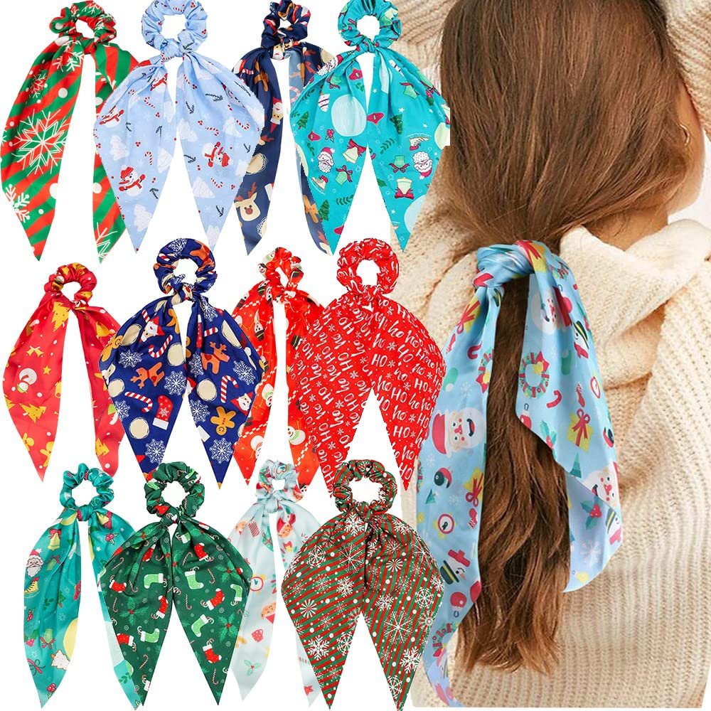 12 Pcs Christmas Scrunchies for Hair Christmas Velvet Hair Scarf with Ribbon Bow Hair Accessories Ponytail Holder Xmas Hair Accessories Elastic Hair Tie Scarf Holiday Hair Scrunchies for Women Girl (Christmas 12Pcs)