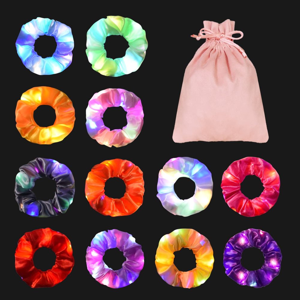 12PCS LED Hair Scrunchies,URSMART Light up Scrunchies Led Light Hair Bands with Gift Bage Glow in the Dark Hair Scrunchies Multi Light Modes for Woman,Glow Party Christmas Hair Accessories