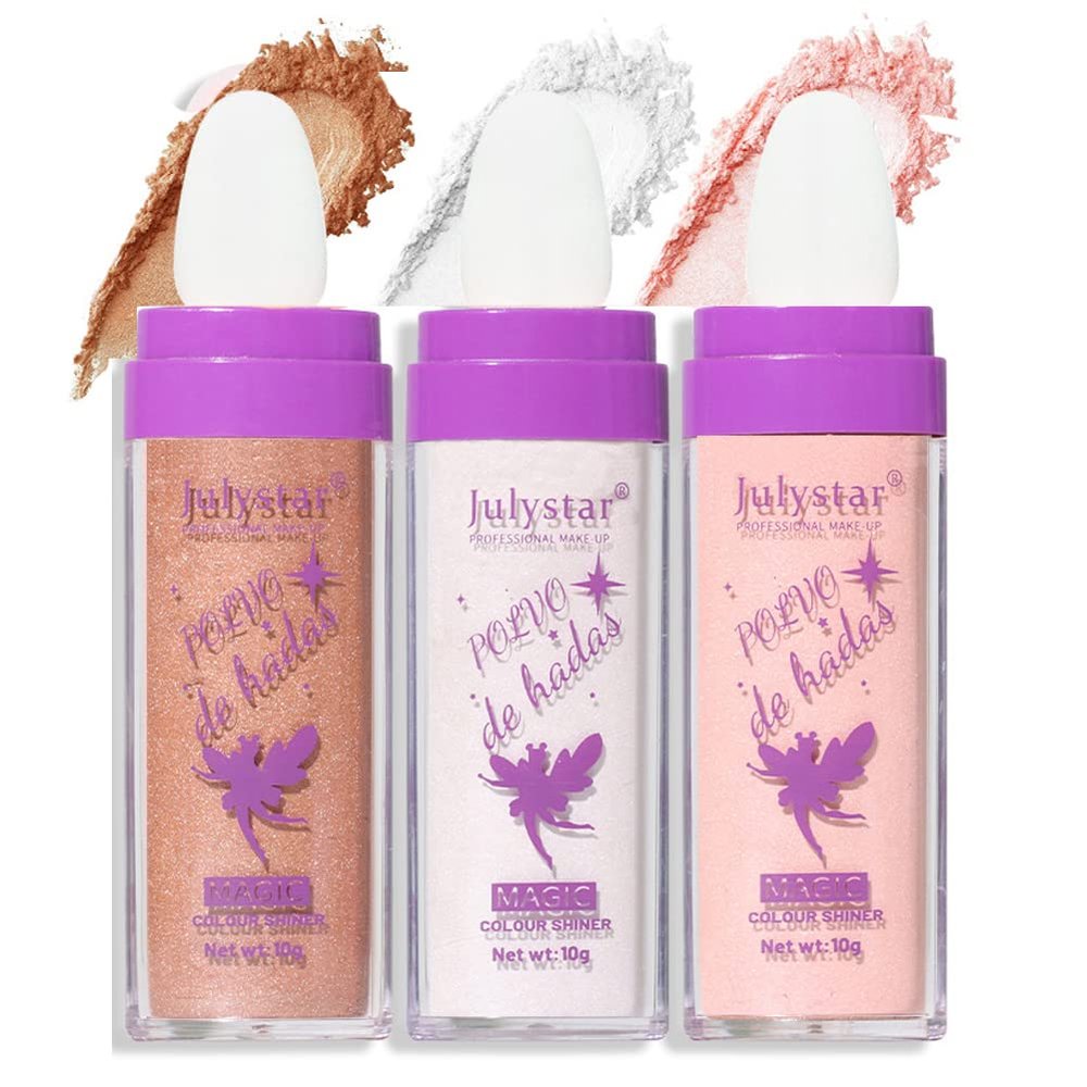 Polvo De Hadas Highlighter Stick Puff Fairy Stick Highlight Powder Glitter Loose Powder Brush Stick Contouring Powder Shimming Face Powder Blusher (01+02+03)