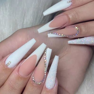 FRUJCDKI 24pcs French White Ballerina Flash Diamond Crystal Long Glossy Coffin Flash Fake Nails Press on Nail False Tips Manicure for Women and Girls