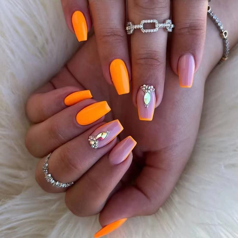 FRUJCDKI 24pcs French Fluorescent Orange Press-on Nails Medium Length Square Ballerina Acrylic False Nails with Glitter Designs and Rhinestones