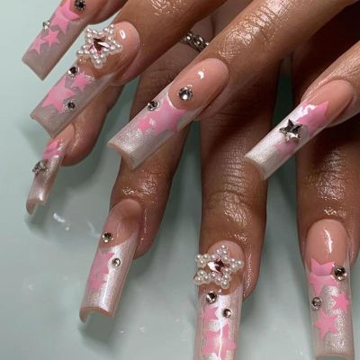 FRUJCDKI 24pcs French Pink Ombre Long Ballerina Press on Nails Glossy Coffin Fake Nail Y2K Stars Rhinestones Designs Artificial False Nails Acrylic Stick on Nails Tips for Women and Girls