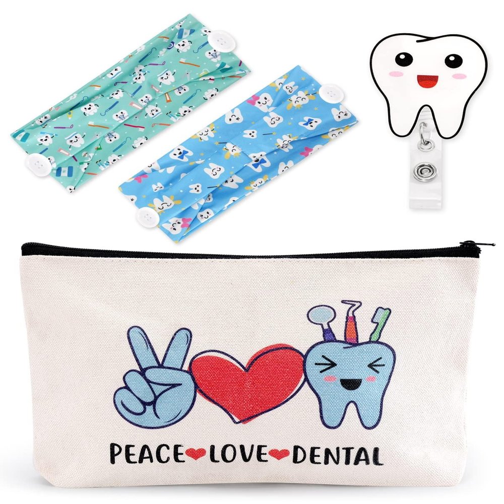 4PCS Dentist Gifts Dental Hygienist Accessories Headbands with Buttons Glitter Acrylic Badge Reel Retractable Teeth Makeup Bag Dentist Physician Appreciation Gift for Women Assistant Week Graduation