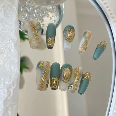 Magrace Handmade Press on Nails Medium Blue Fake Nails Long Coffin Stick on Nails for Womrn Gel UV Finish Handmade Nail Art with Design 10 pcs