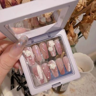 Magrace Handmade Press on Nails Medium Blue Fake Nails Long Coffin Stick on Nails for Womrn Gel UV Finish Handmade Nail Art with Design 10 pcs