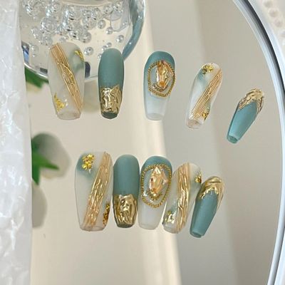 Magrace Handmade Press on Nails Medium Blue Fake Nails Long Coffin Stick on Nails for Womrn Gel UV Finish Handmade Nail Art with Design 10 pcs