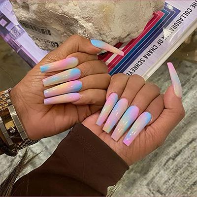 FRUJCDKI 24pcs Pink Long Ballerina Press on Nails Glossy Coffin Fake Nail Y2K Art Colorful Designs Artificial False Nails Acrylic Stick on Nails Tips for Women and Girls