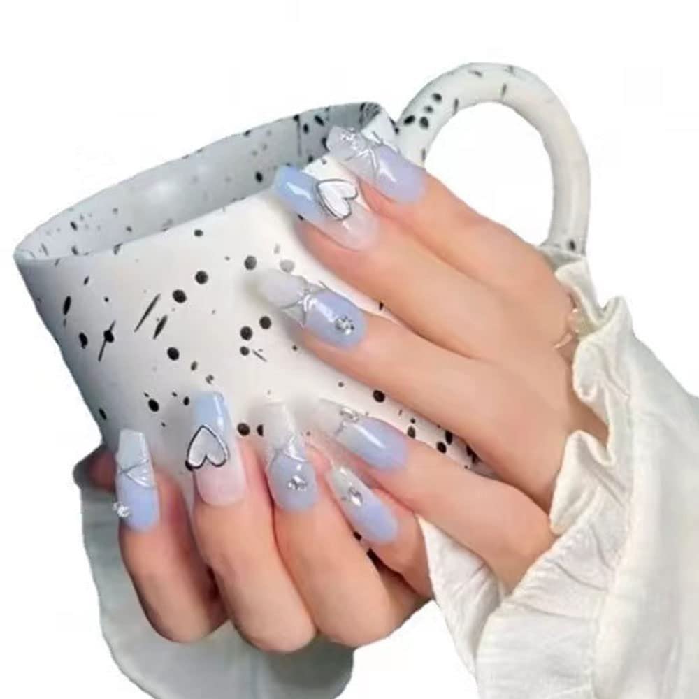 Magrace Handmade Press on Nails Medium Blue Fake Nails Long Coffin Stick on Nails for Womrn Gel UV Finish Handmade Nail Art with Design 10 pcs