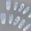 Magrace Handmade Press on Nails Medium Blue Fake Nails Long Coffin Stick on Nails for Womrn Gel UV Finish Handmade Nail Art with Design 10 pcs view 2