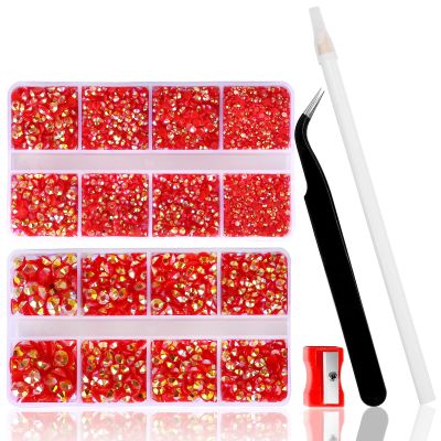 10400 PCS Dark Red Rhinestones, Jelly Resin Crystals for Nails, Flatback Non Hotfix DIY Crystals with 15 cm Pencil Sharpener, Tweezer & Picker Pen (Dark Red AB)