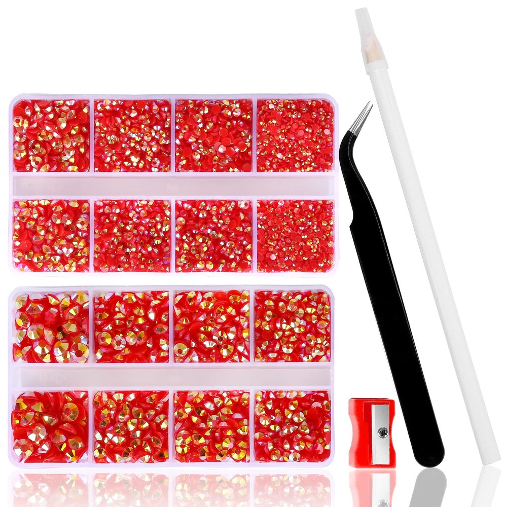 10400 PCS Dark Red Rhinestones, Jelly Resin Crystals for Nails, Flatback Non Hotfix DIY Crystals with 15 cm Pencil Sharpener, Tweezer & Picker Pen (Dark Red AB)