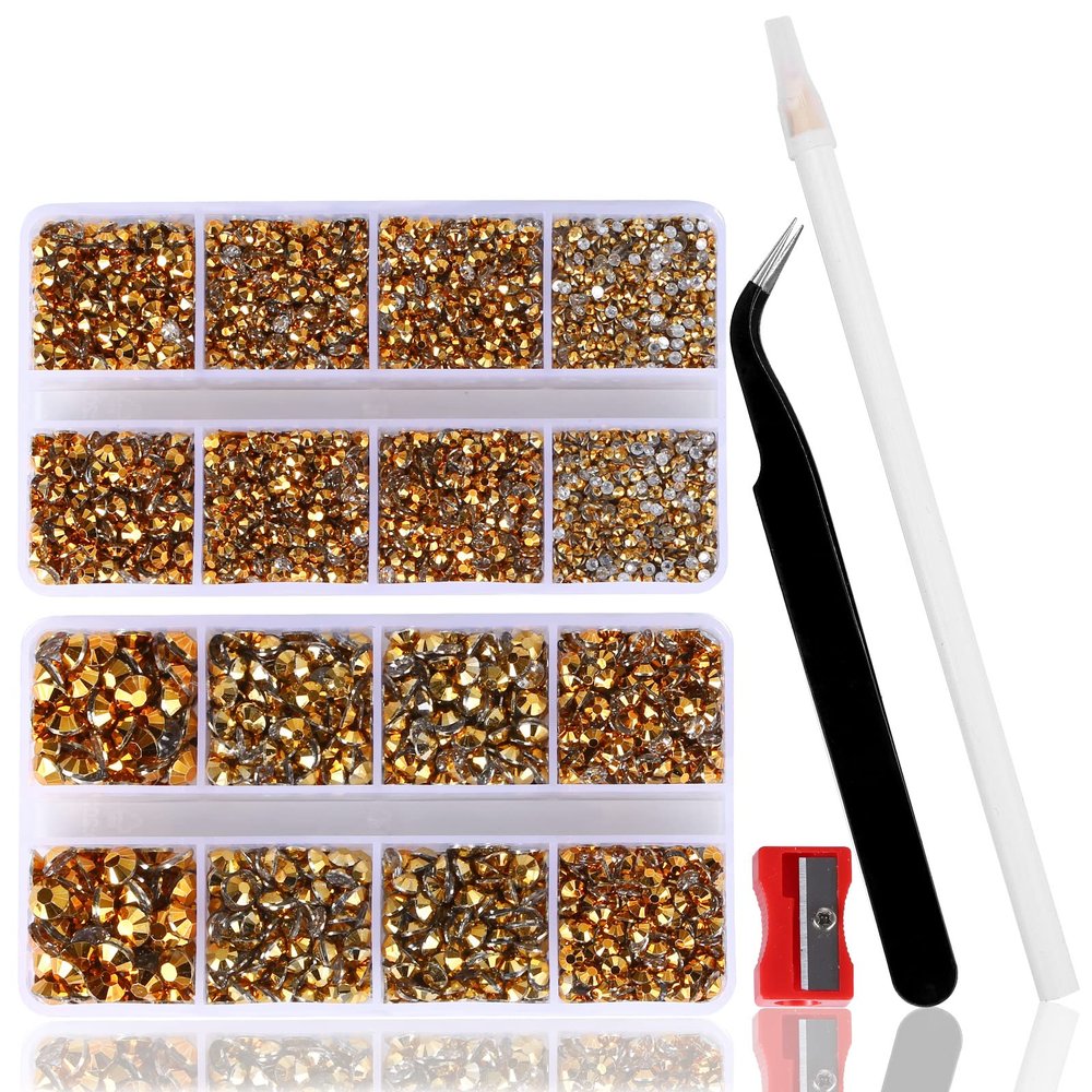 10400PCS Gold Rhinestones, Jelly Resin Crystals for Nails, Flatback Non Hotfix DIY Crystals with 15 cm Pencil Sharpener and Tweezer & Picker Pen