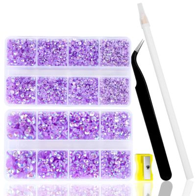 10400PCS Purple Rhinestones, Jelly Resin Crystals for Nails, Flatback Non Hotfix DIY Rhinestones with 15 cm Pencil Sharpener and Tweezer & Picker Pen (Light Purple AB)