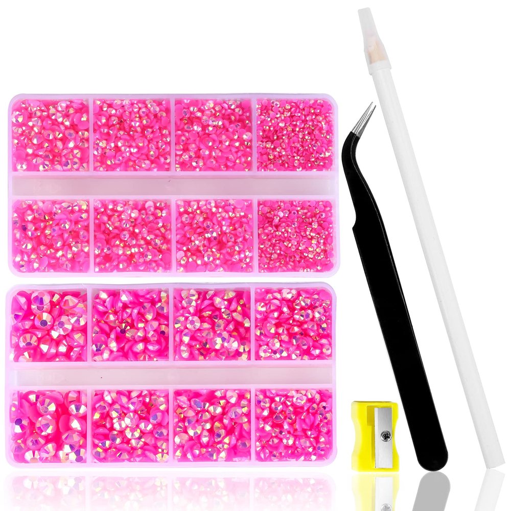 10400PCS Hot Pink Rhinestones, Jelly Resin Rhinestones for Nails, Flatback Non Hotfix Crystals DIY for Crafts with 15 cm Pencil Sharpener and Tweezer & Picker Pen (Rose AB)