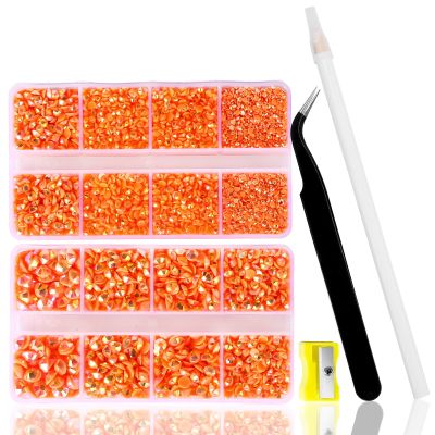 10400 PCS Orange Rhinestones, Jelly Resin Crystals for Nails, Flatback Non Hotfix DIY Rhinestones with 15 cm Pencil Sharpener and Tweezer & Picker Pen (Orange-red AB)