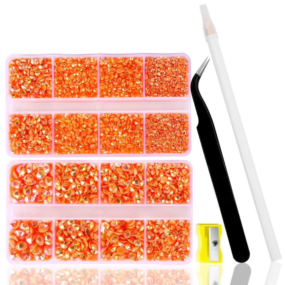 10400 PCS Orange Rhinestones, Jelly Resin Crystals for Nails, Flatback Non Hotfix DIY Rhinestones with 15 cm Pencil Sharpener and Tweezer & Picker Pen (Orange-red AB)