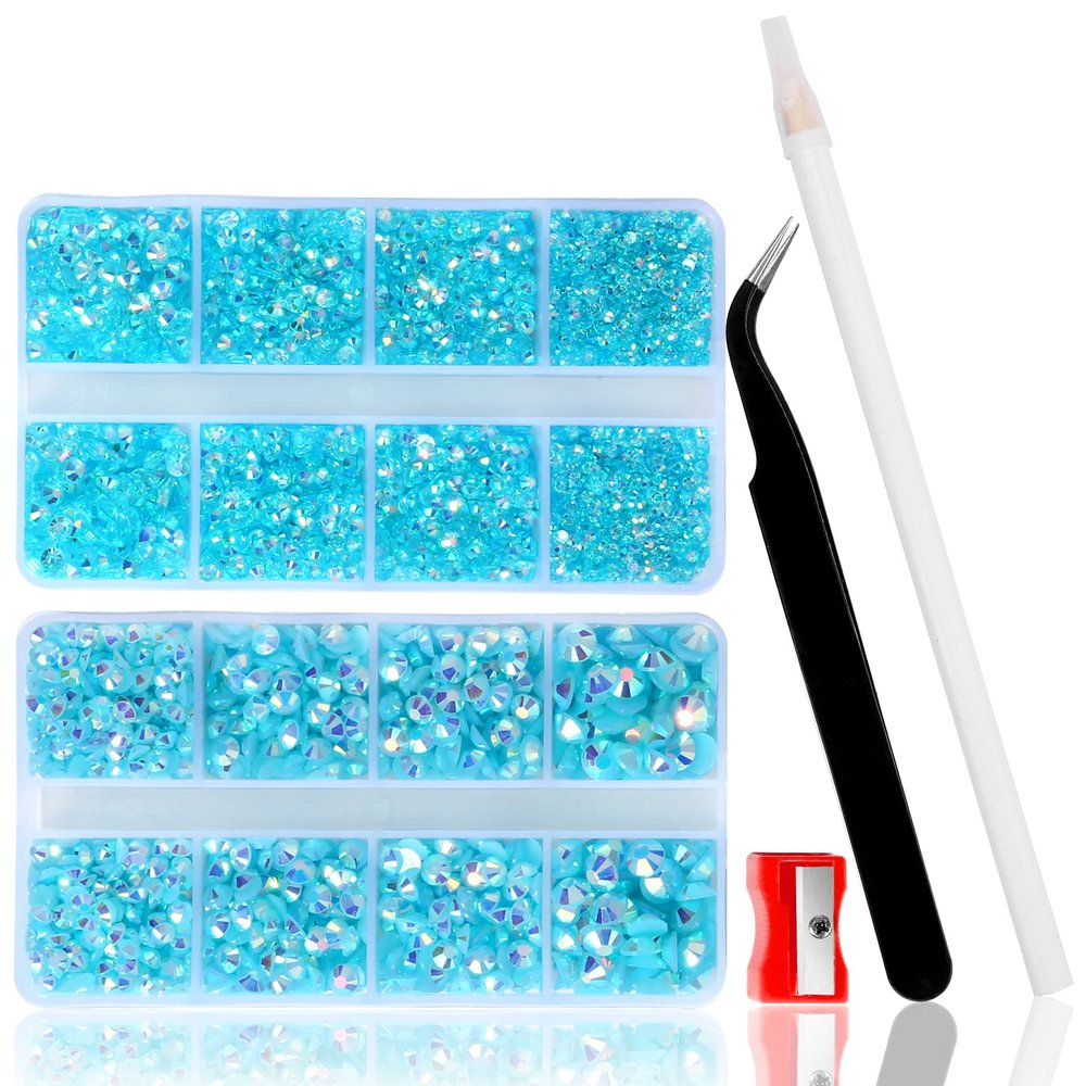 10400PCS Lake Blue Rhinestones, Jelly Resin Crystals for Nails, Flatback Non Hotfix DIY Crystals with 15 cm Pencil Sharpener and Tweezer & Picker Pen (Lake Blue AB)
