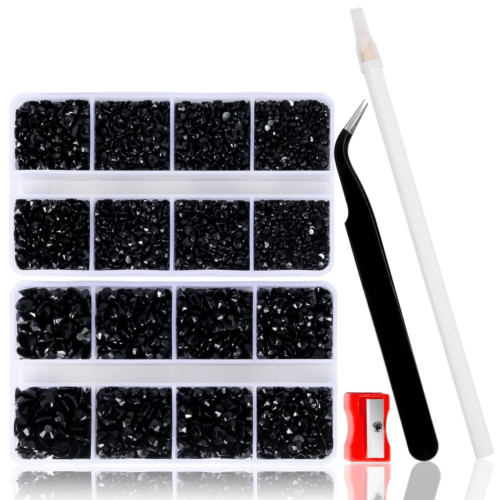 QPRETTY DU 10400 Black Rhinestones, Jelly Resin Crystals for Nails, Flatback Non Hotfix DIY Crystals with 15 cm Pencil Sharpener and Tweezer & Picker Pen (Black)