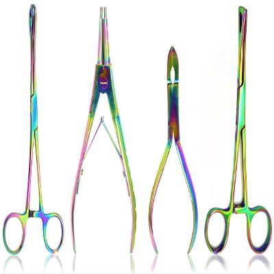 AAProTools Multi Titanium Rainbow Color 4 Body Piercing Instruments Kit Tools Pennington Forceps DS-1552