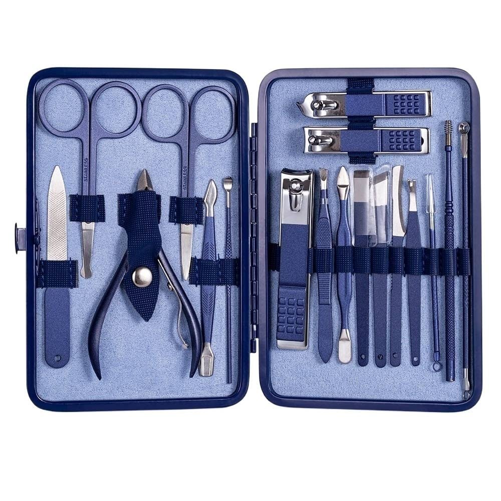 RAYESS 18/15/12/10/7/4pcs Nail Clippers Set Professional Stainless Steel Nail Scissors Tweezers Ear Spoon Acne Needle Tool Manicure Set (Color : 18 pcs Blue)