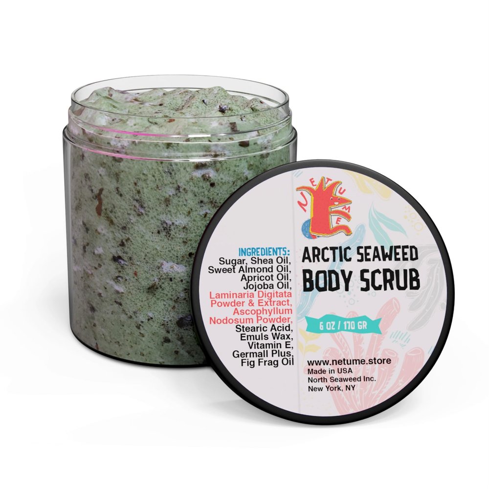 Netu Me 30% Pure Seaweed Body Scrub. Crushed Laminaria, Bladderwrack, and Chlorophyllin for washing, cleansing, and nourishing. Detoxify and rejuvenate for velvety ski. Designed and crafted in NYC.