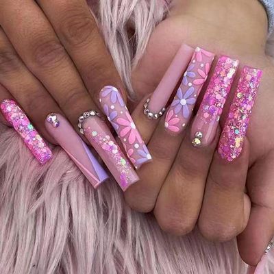 FRUJCDKI French Pressed Nail Long Coffin Fake Nails With Floral Sequin Design Acrylic Ballerina Fake Nail Glue With Shiny Rhinestones, Stick On Women's Nails