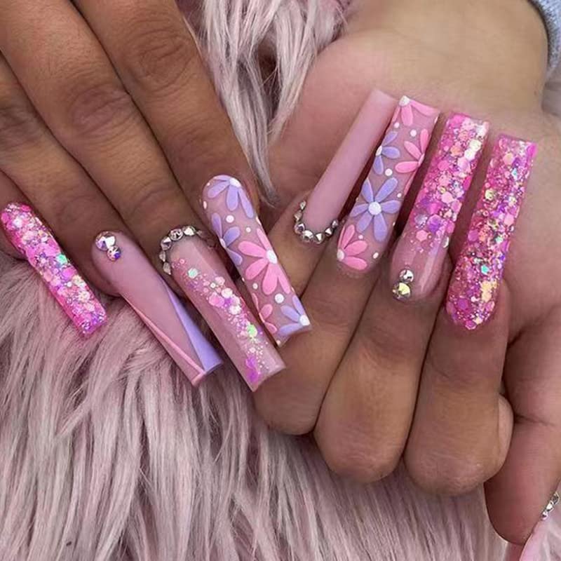 FRUJCDKI French Pressed Nail Long Coffin Fake Nails With Floral Sequin Design Acrylic Ballerina Fake Nail Glue With Shiny Rhinestones, Stick On Women's Nails