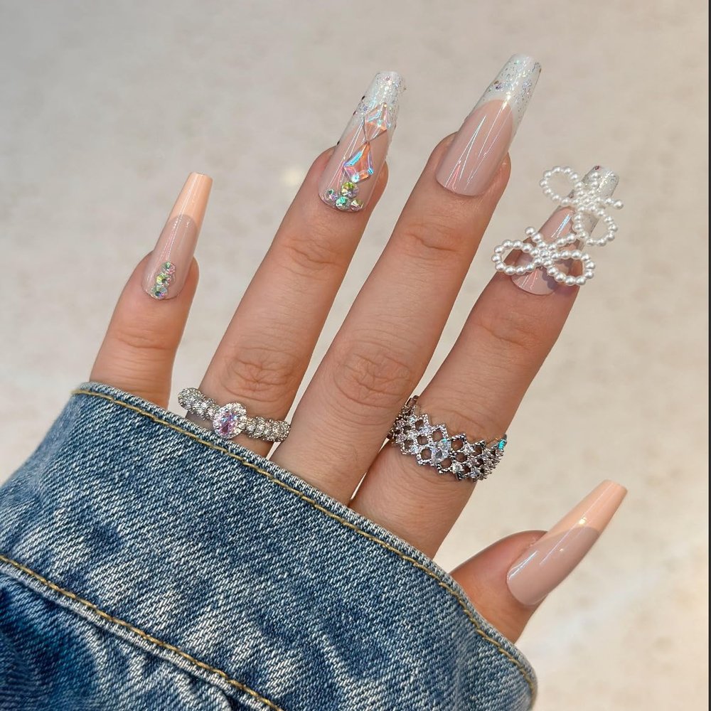 FRUJCDKI Glittering butterfly press-on false nails Long coffin style false nails Nude pink French ballerina glue-on false nails with rhinestone design Shiny feminine stick-on false nails