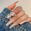 FRUJCDKI Glittering butterfly press-on false nails Long coffin style false nails Nude pink French ballerina glue-on false nails with rhinestone design Shiny feminine stick-on false nails view 2