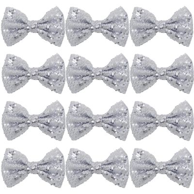 12 Pieces Sequin Bows for Girls 4.7" Large Cheer Hair Bow with Alligator Clips Hair Accessories for Kids Toddler Cheerleaders Teen Girls College Sports (Silver)