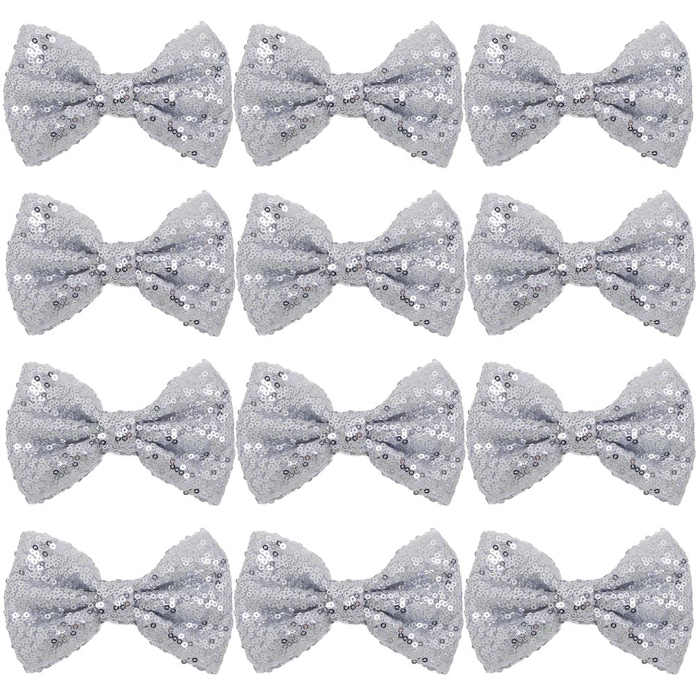 12 Pieces Sequin Bows for Girls 4.7" Large Cheer Hair Bow with Alligator Clips Hair Accessories for Kids Toddler Cheerleaders Teen Girls College Sports (Silver)