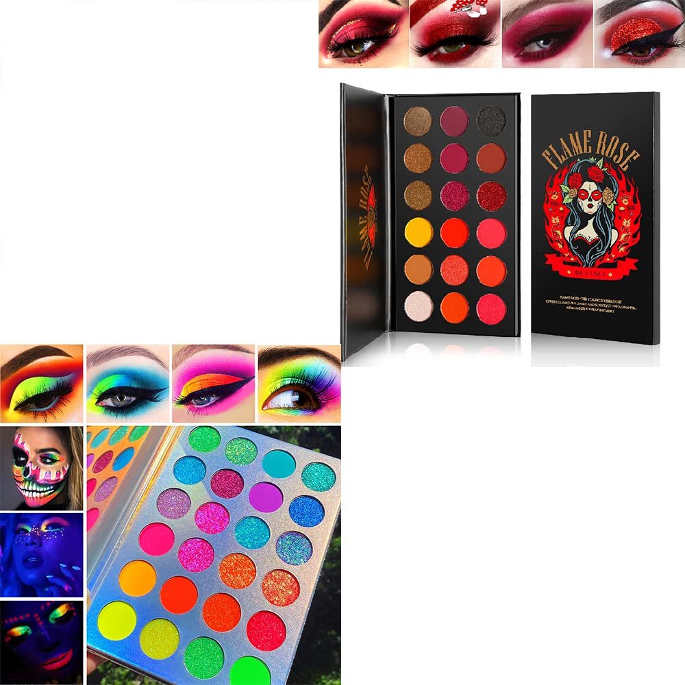 Afflano 2 Pcs Makeup Palettes Eyeshadow Red Shade 18 Colors + Neon Glow In Dark Eye shadow Palette 24 Colors, Highly Pigmented True Red Eye Shadow Blending Neon Powder Velvet Texture Eye Shadow Kit