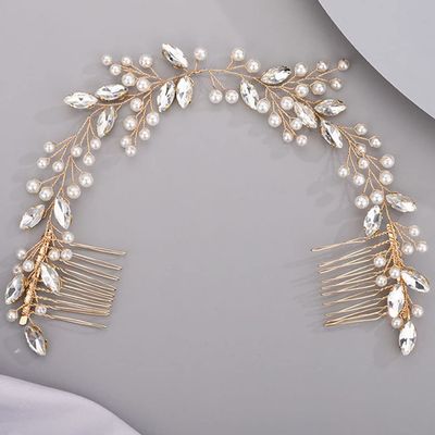Chargances Bridal Pearl Crystal Hair Vine Comb Wedding Gold Long Headband Hair Comb Fashion Handmade Headpiece Bridal Hair Accessories for Wedding Prom Flower Girl (Gold)