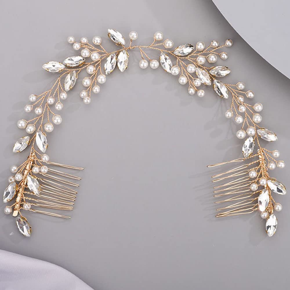 Chargances Bridal Pearl Crystal Hair Vine Comb Wedding Gold Long Headband Hair Comb Fashion Handmade Headpiece Bridal Hair Accessories for Wedding Prom Flower Girl (Gold)