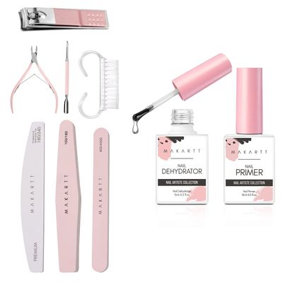 Makartt Nail Dehydrator and Primer Set Bunle with Nail File and Buffer, Pink Basic Nail Prep Kit