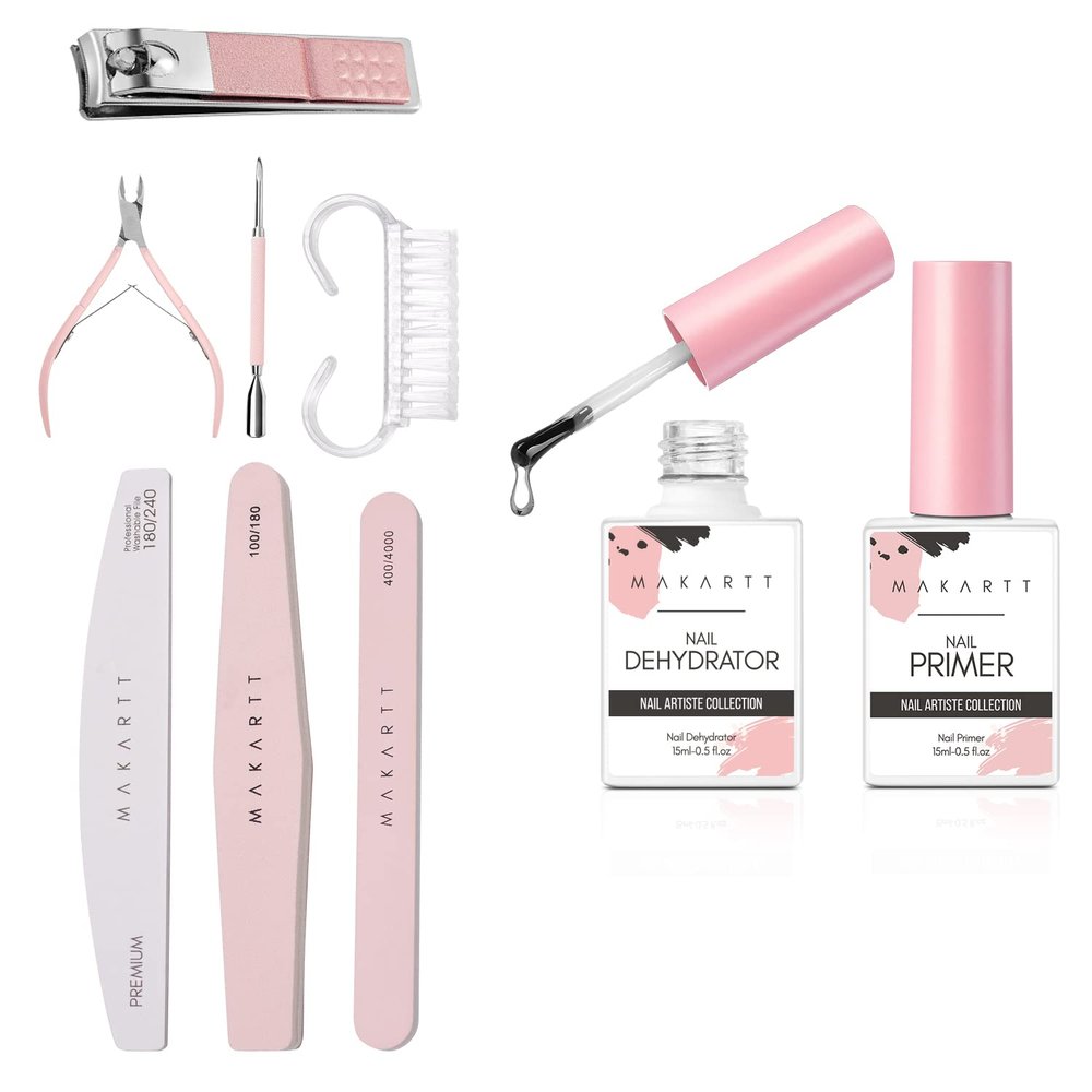 Makartt Nail Dehydrator and Primer Set Bunle with Nail File and Buffer, Pink Basic Nail Prep Kit