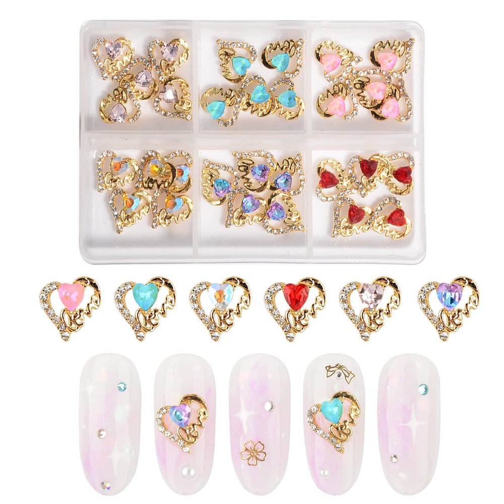 3D Heart Shaped Diamond Nail Charms Valentines Day Love Nail Rhinestones Nail Crystal Gems Nail Studs Gold Alloy Big Diamond Stone 30 Pieces for DIY Nail Jewelry Making Crafts Manicure (Mix Color)