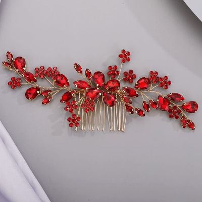 Chargances Handmade Crystal Gemstone Hair Comb with Red Rhinestone Headpiece - Bridal Hair Accessory for Weddings, Proms, Flower Girls